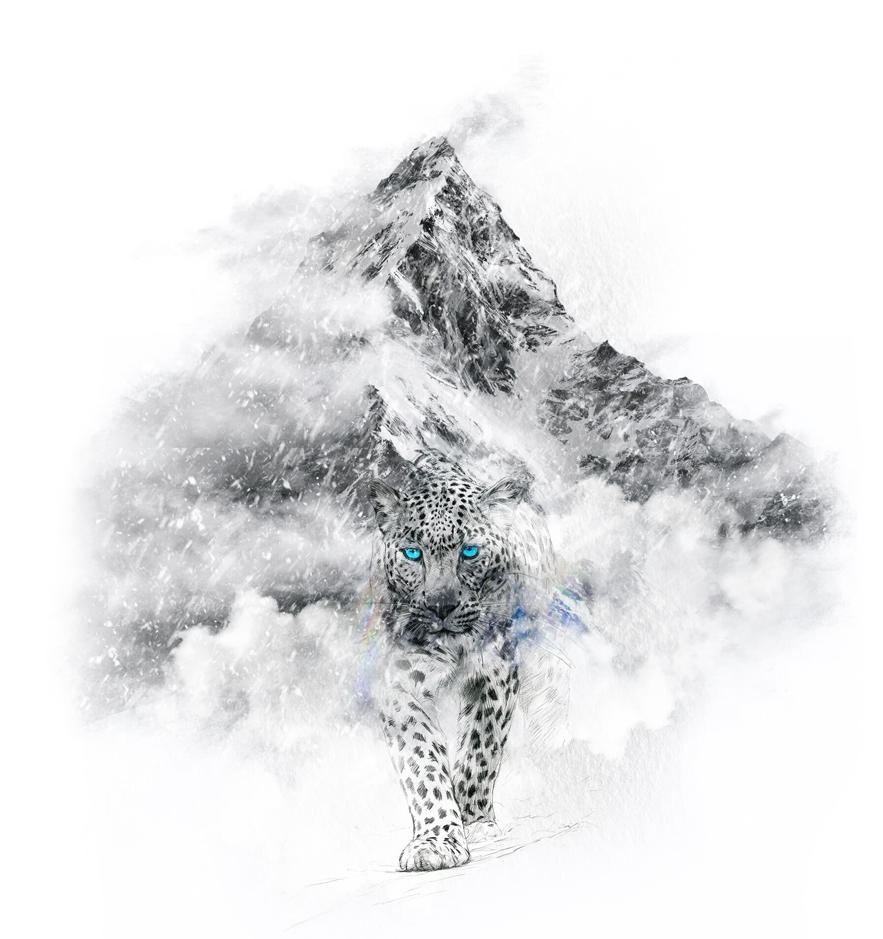 A snow leopard emerging from clouds beneath a mountain peak