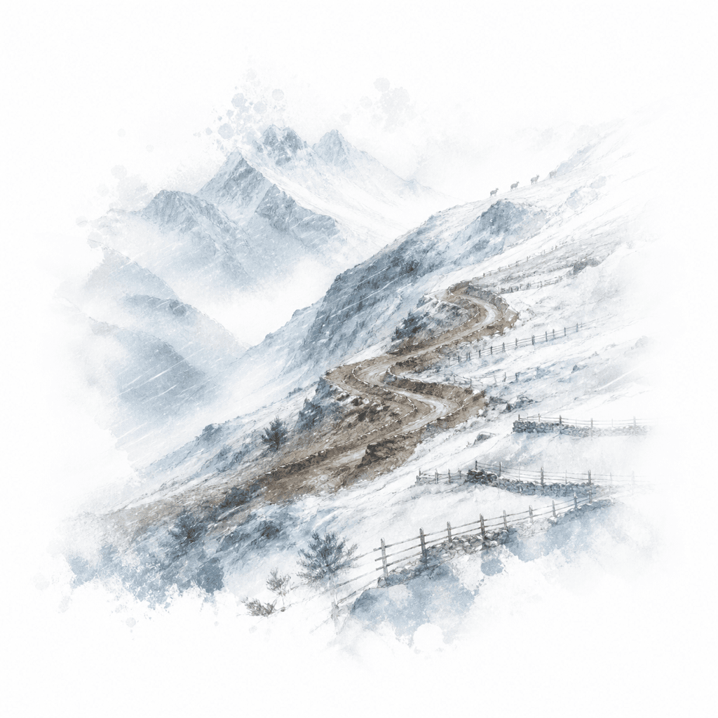 A new road scarring a snowy Himalayan valley while wild sheep retreat toward the ridge