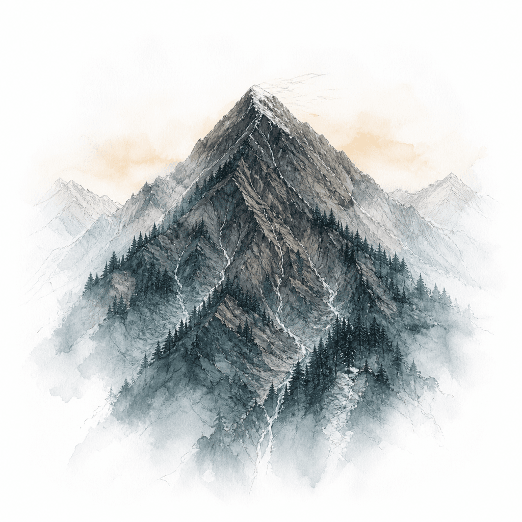 A Himalayan peak with only a thin cap of summit snow, forest climbing high up its flanks