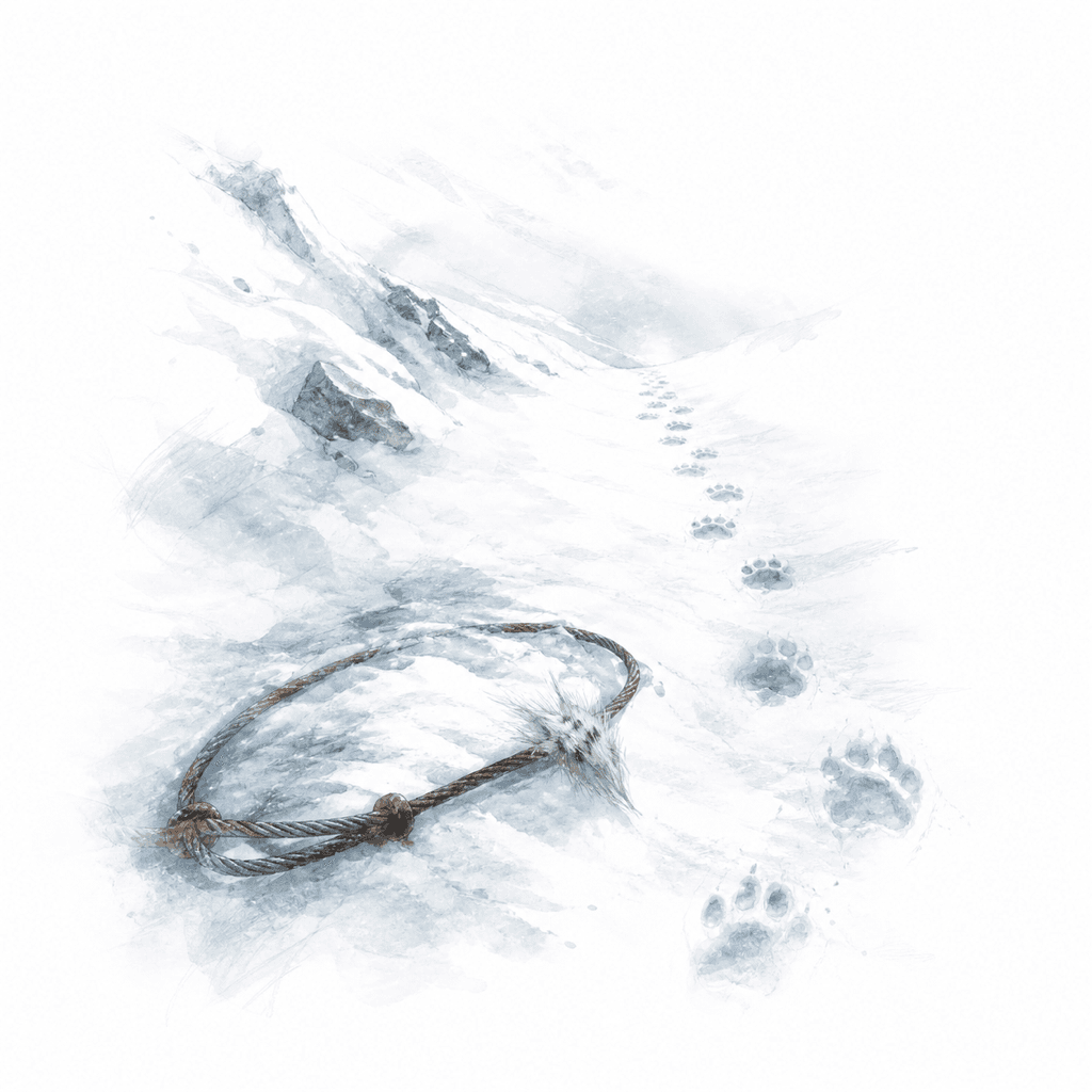 A rusted snare wire half buried in snow beside a trail of leopard paw prints