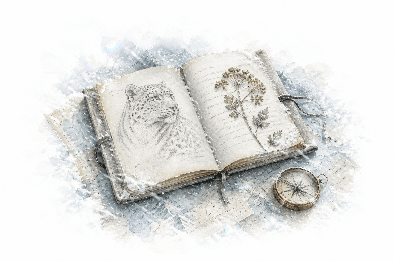 An expedition journal open on an antique map of the Himalaya, with a brass compass and pressed botanicals